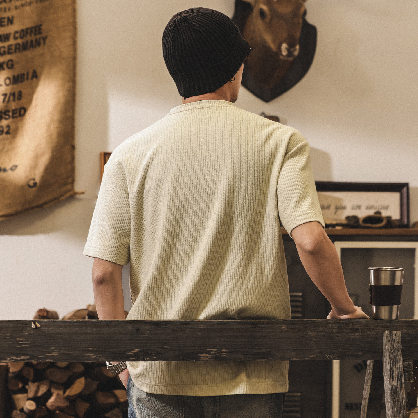 美式復古條紋肌理針織V領男士短袖T恤夏季2026新款寬鬆休閒上衣男