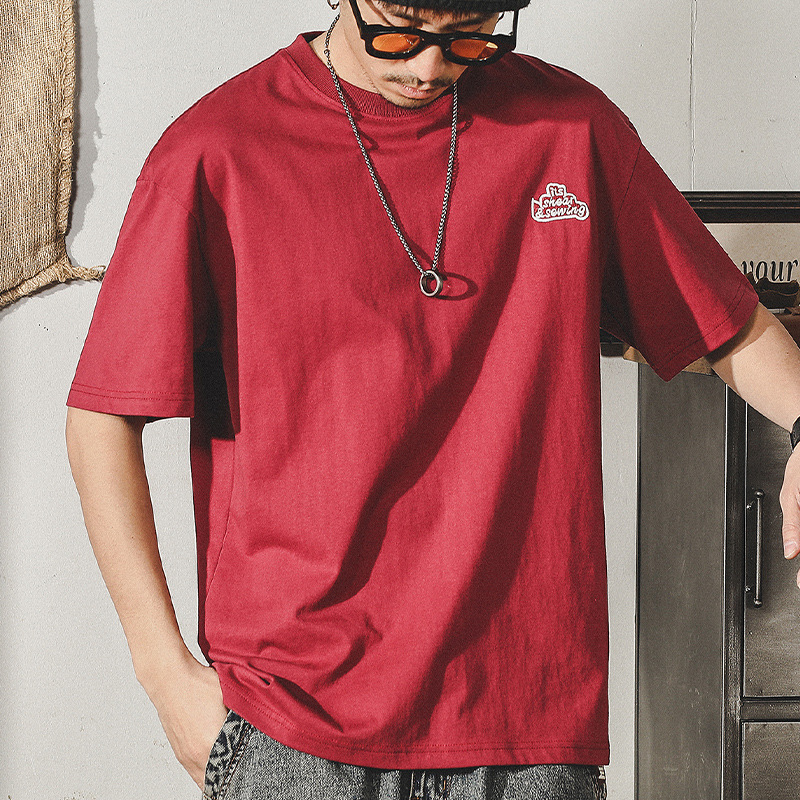 美式重磅280g短袖T恤男t夏季高級感體恤休閒寬鬆大碼紅色上衣