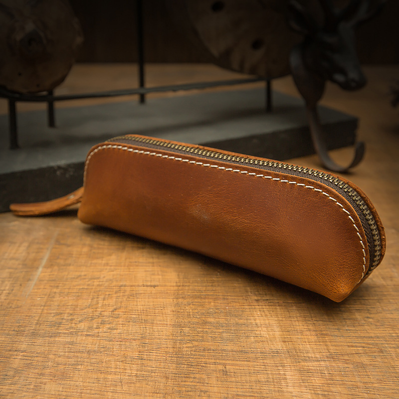 手工牛皮筆袋男女復古個性日系文藝真皮青年筆盒文具鋼筆拉鍊皮套