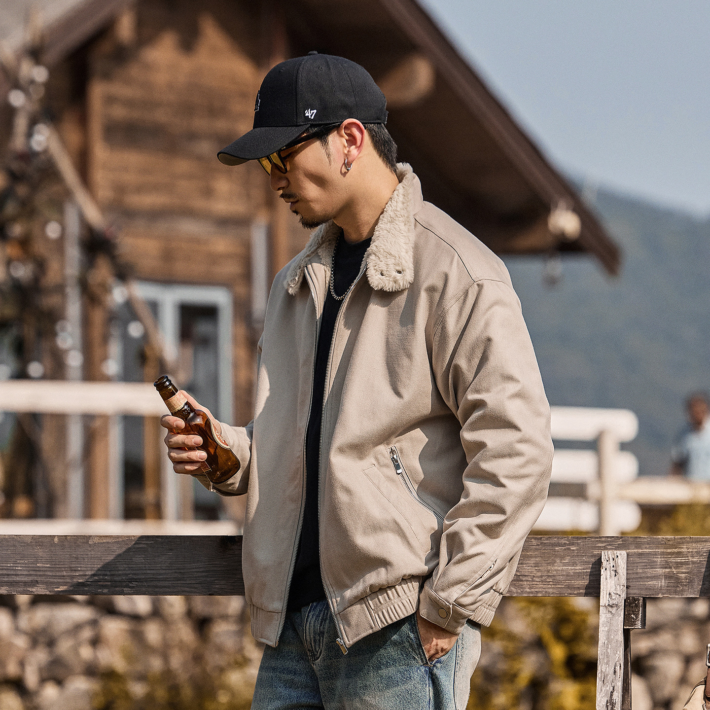 美式復古軟糯仿兔絨加厚棉服外套男冬季保暖毛領加絨棉襖男士棉衣