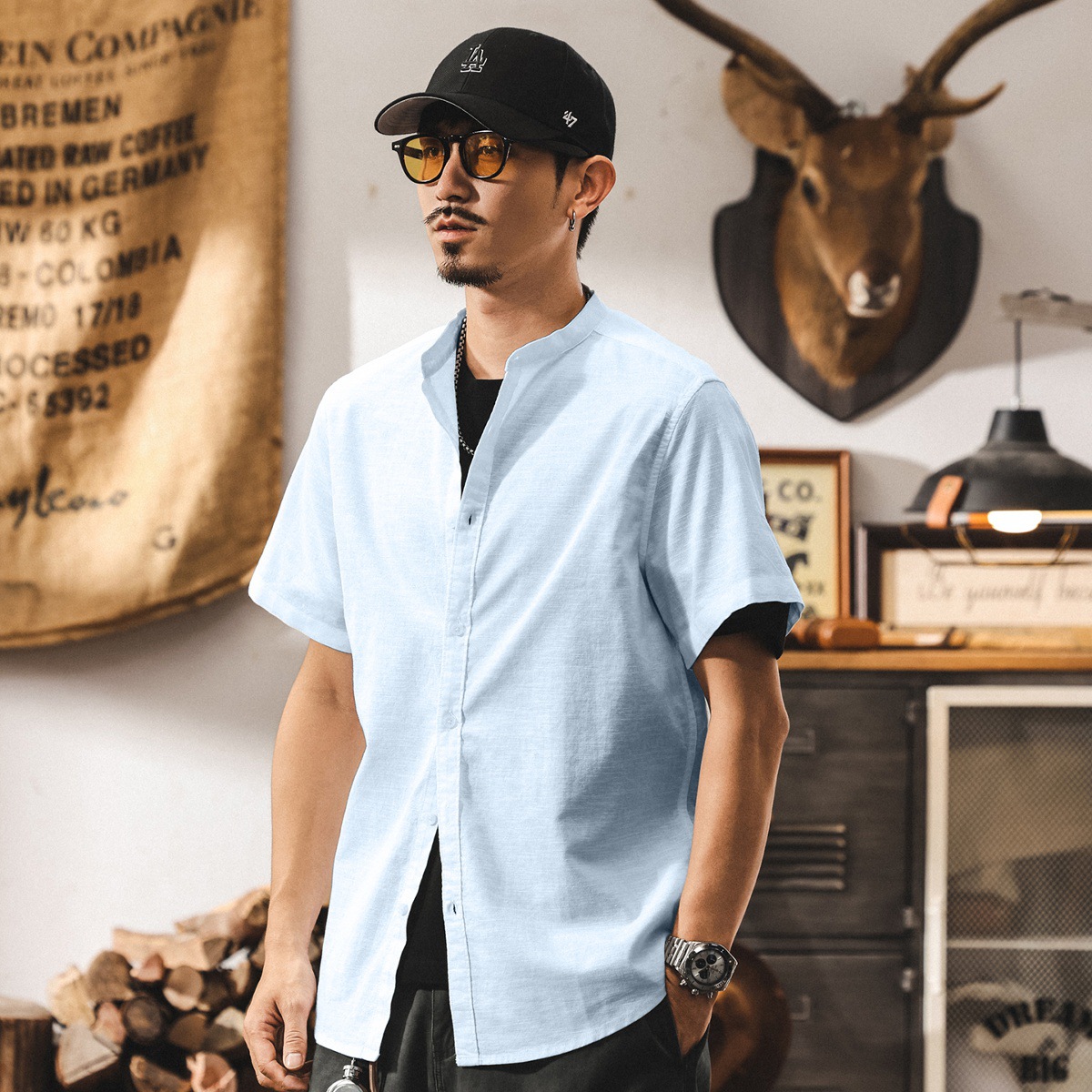 中式復古高級感棉麻襯衫男士短袖夏季新款潮牌寬鬆立領國風襯衣男