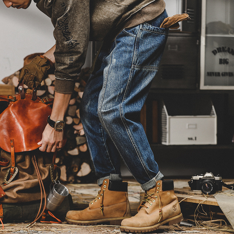 美式復古牛仔褲男寬鬆直筒2024年秋季新款拼接設計款加大碼闊腿褲