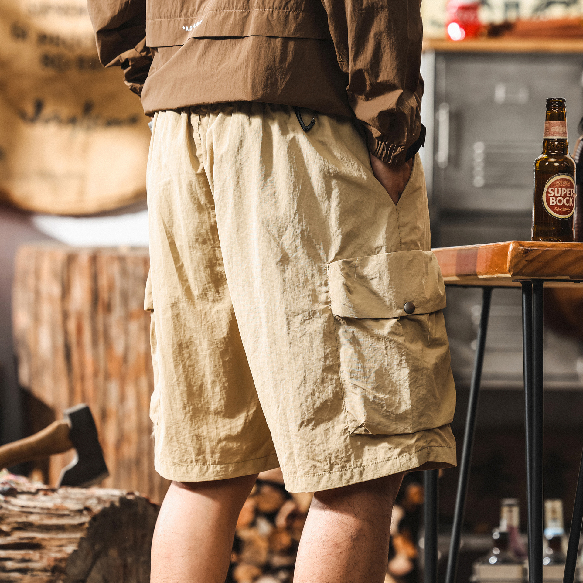 美式復古輕薄涼感速幹工裝短褲男款夏季薄款卡其色休閒寬鬆五分褲