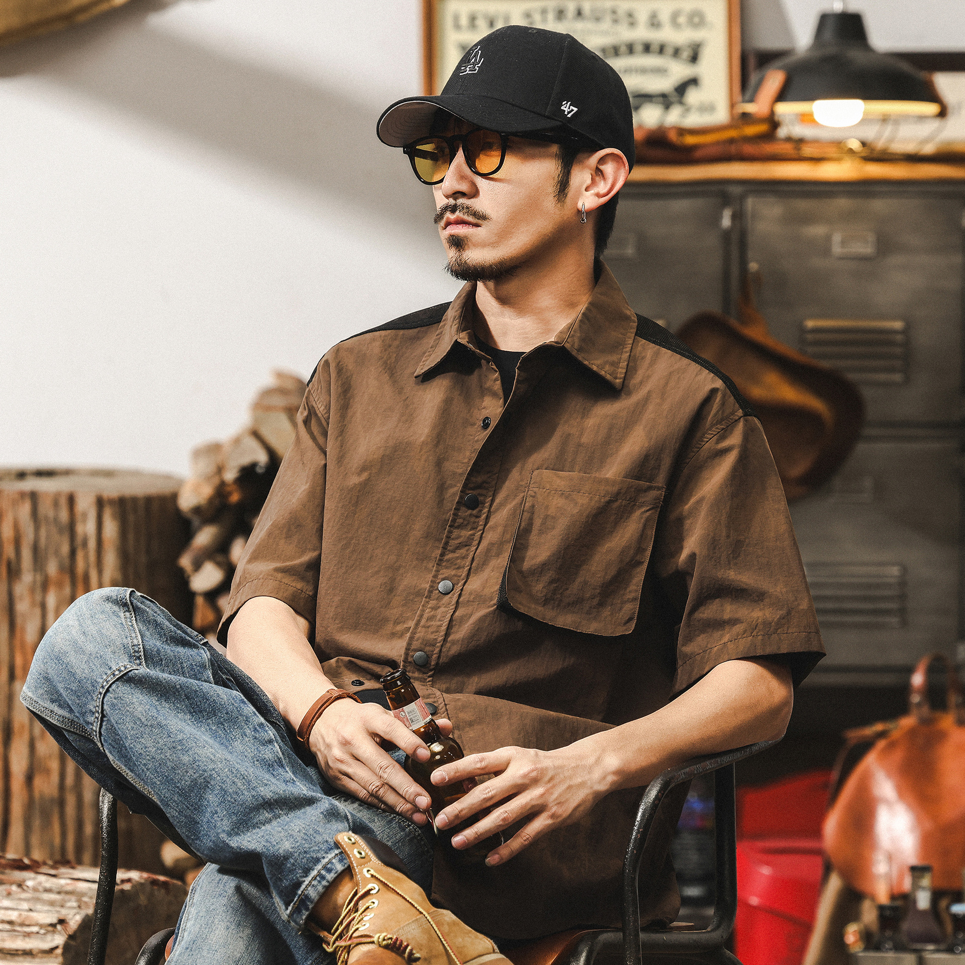 美式復古咖色短袖襯衫男夏季2025新款潮流戶外獵裝寬鬆工裝襯衣男