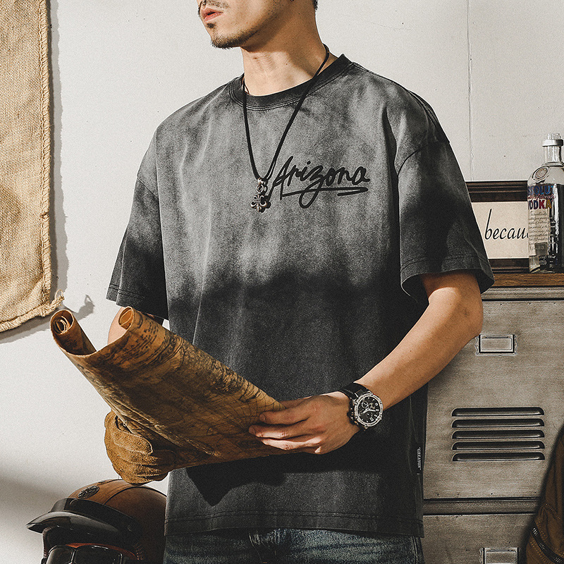 杰雷諾美式復古短袖T恤男夏季漸變扎染做舊親膚重磅衣服半袖