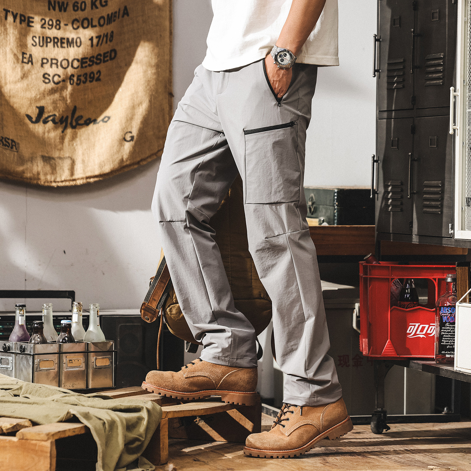 夏季戶外薄款男士休閒褲寬鬆冰絲涼感工裝褲子男潮牌直筒長褲