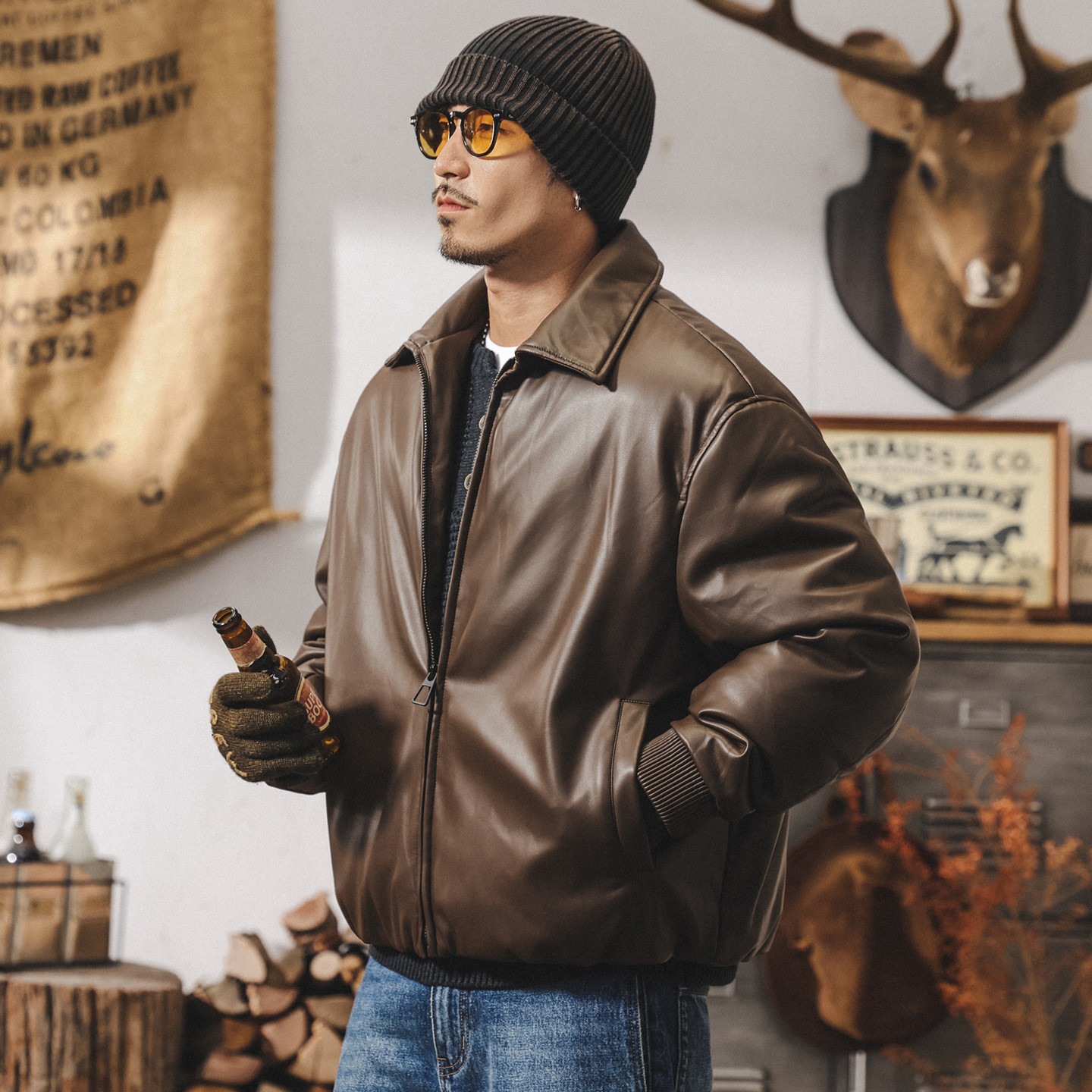 美式復古90鴨絨皮衣羽絨服男款冬季加厚潮牌老錢風乾部行政外套男