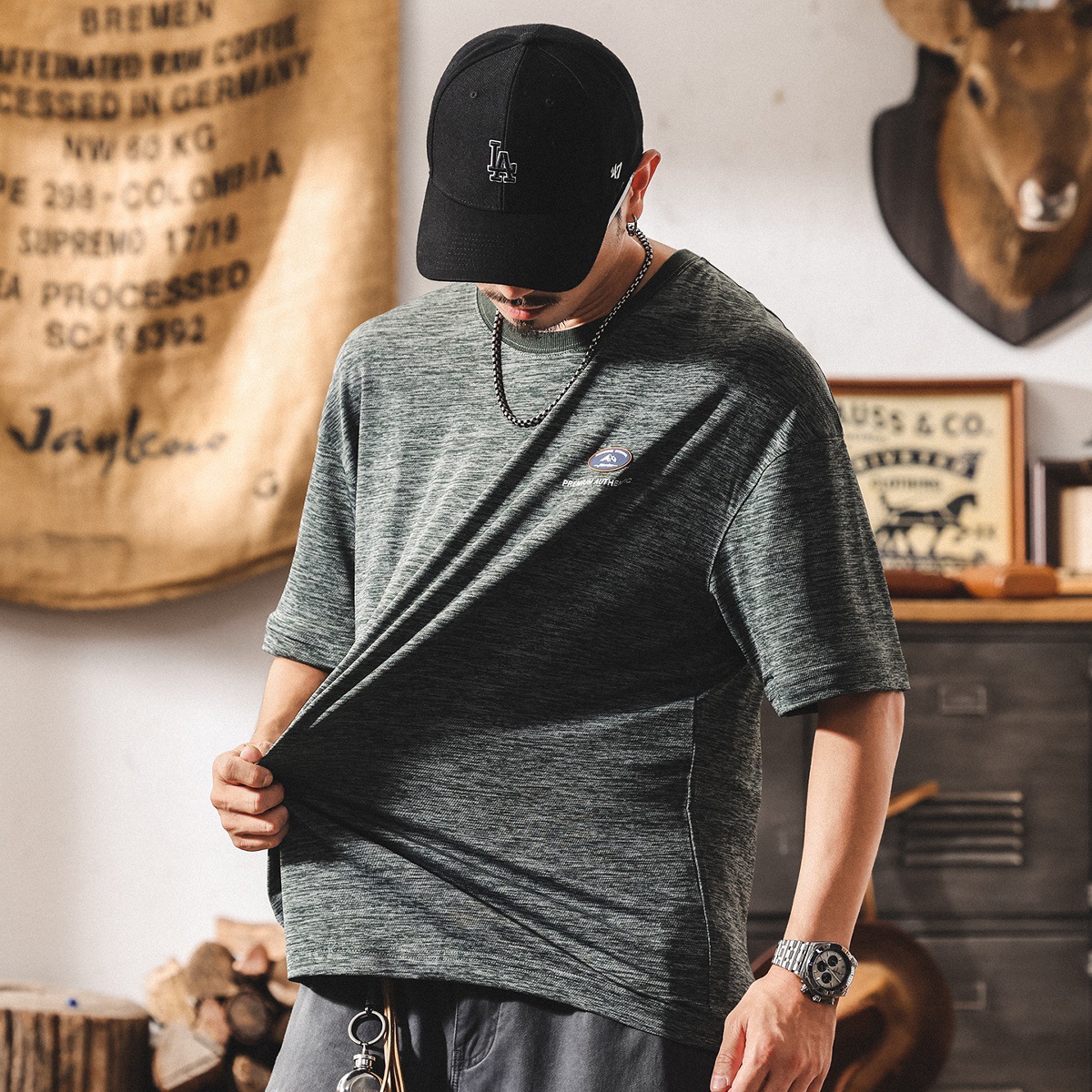 美式山系涼感冰絲T恤男生短袖夏季薄款2025新款寬鬆大碼潮牌上衣