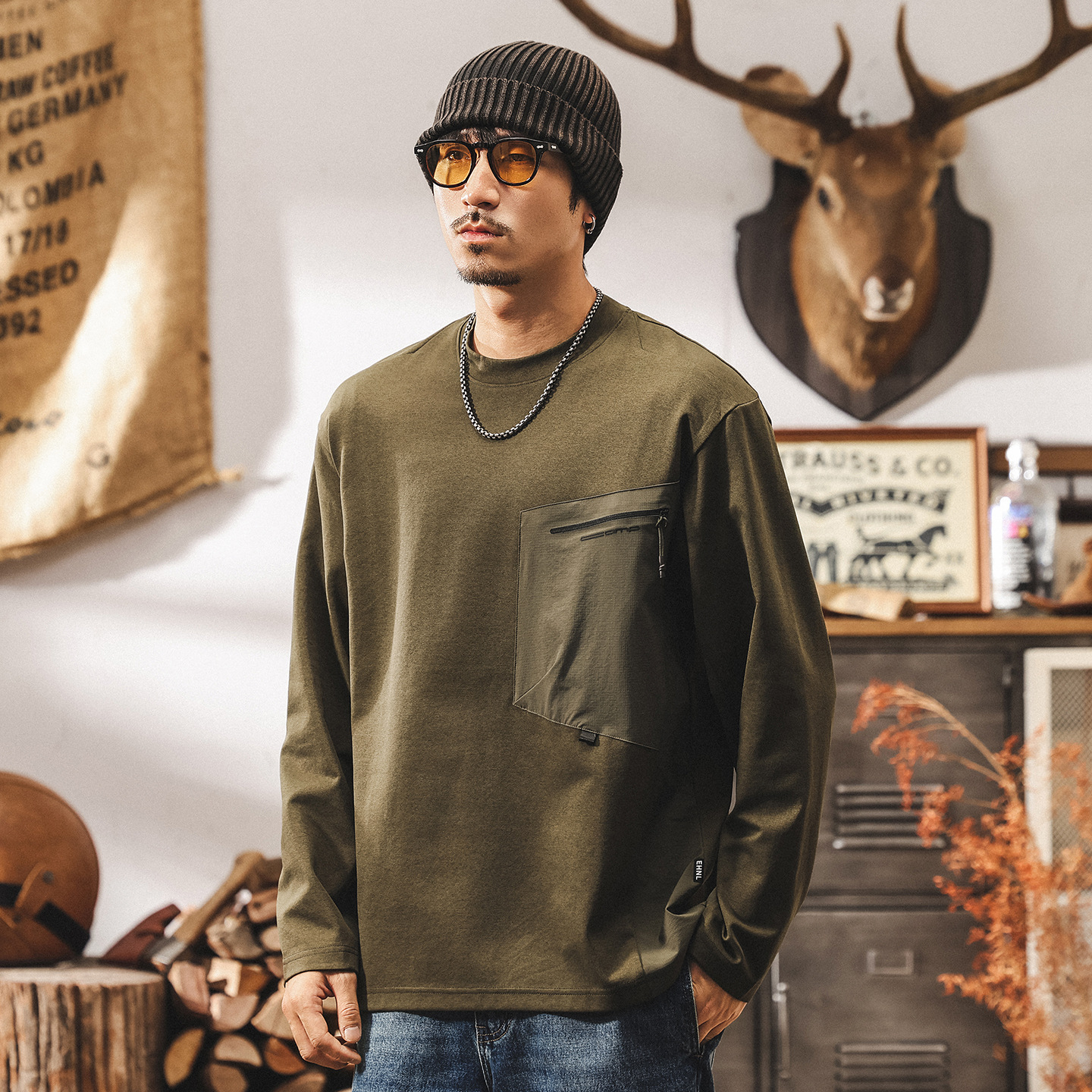 美式復古軍綠色t恤男長袖春秋新款潮牌拼接城市戶外速幹男士上衣