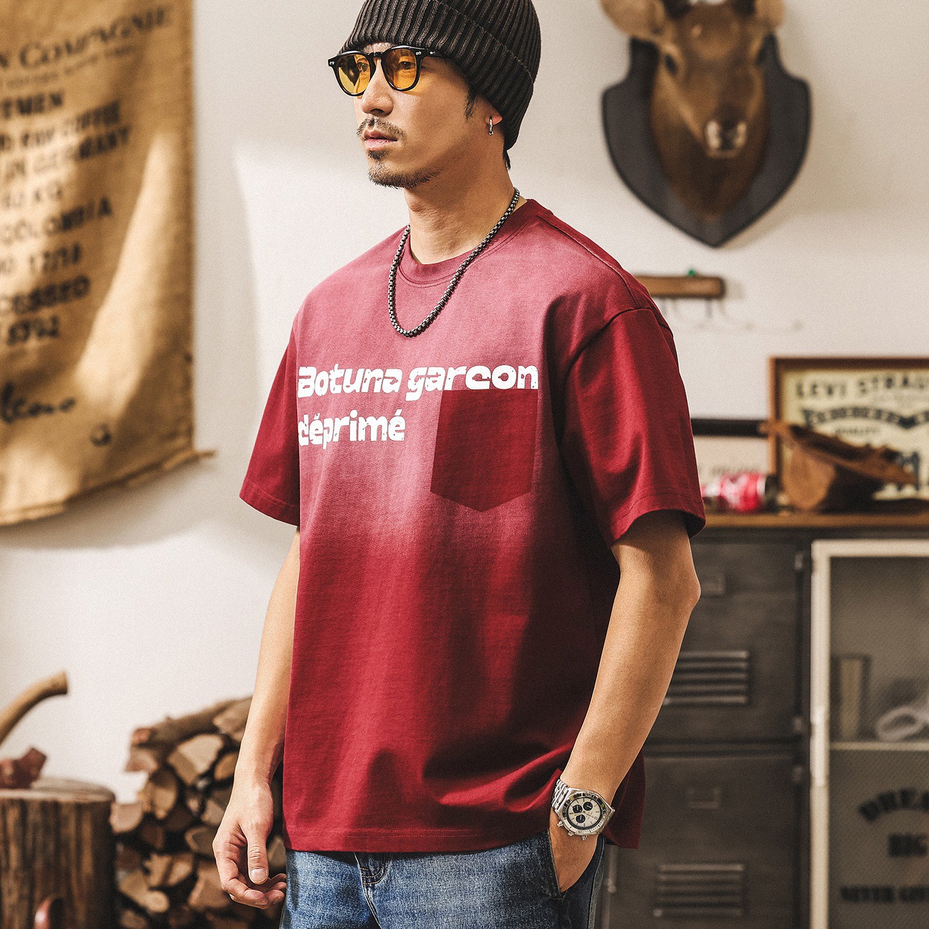 美式復古300g重磅T恤男夏季短袖男士潮流漸變水洗寬鬆上衣男