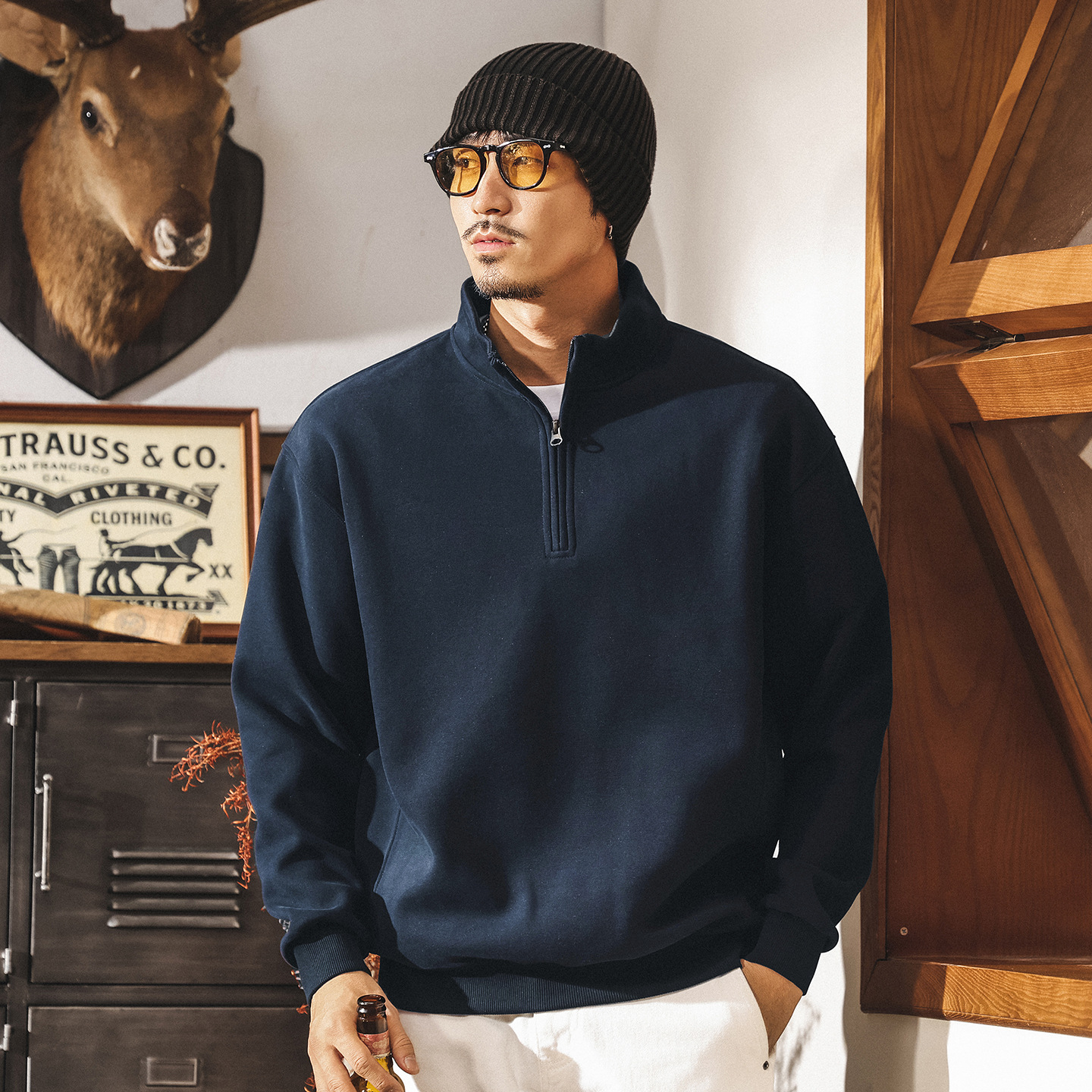 美式復古半拉鍊套頭衛衣男春秋新款立領兔兔絨潮牌寬鬆秋季上衣男