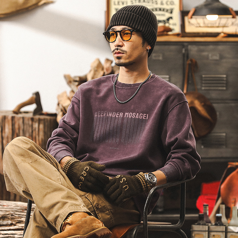 美式復古重磅蠟染衛衣男秋季潮牌設計感印花紫色上衣寬鬆大碼男裝