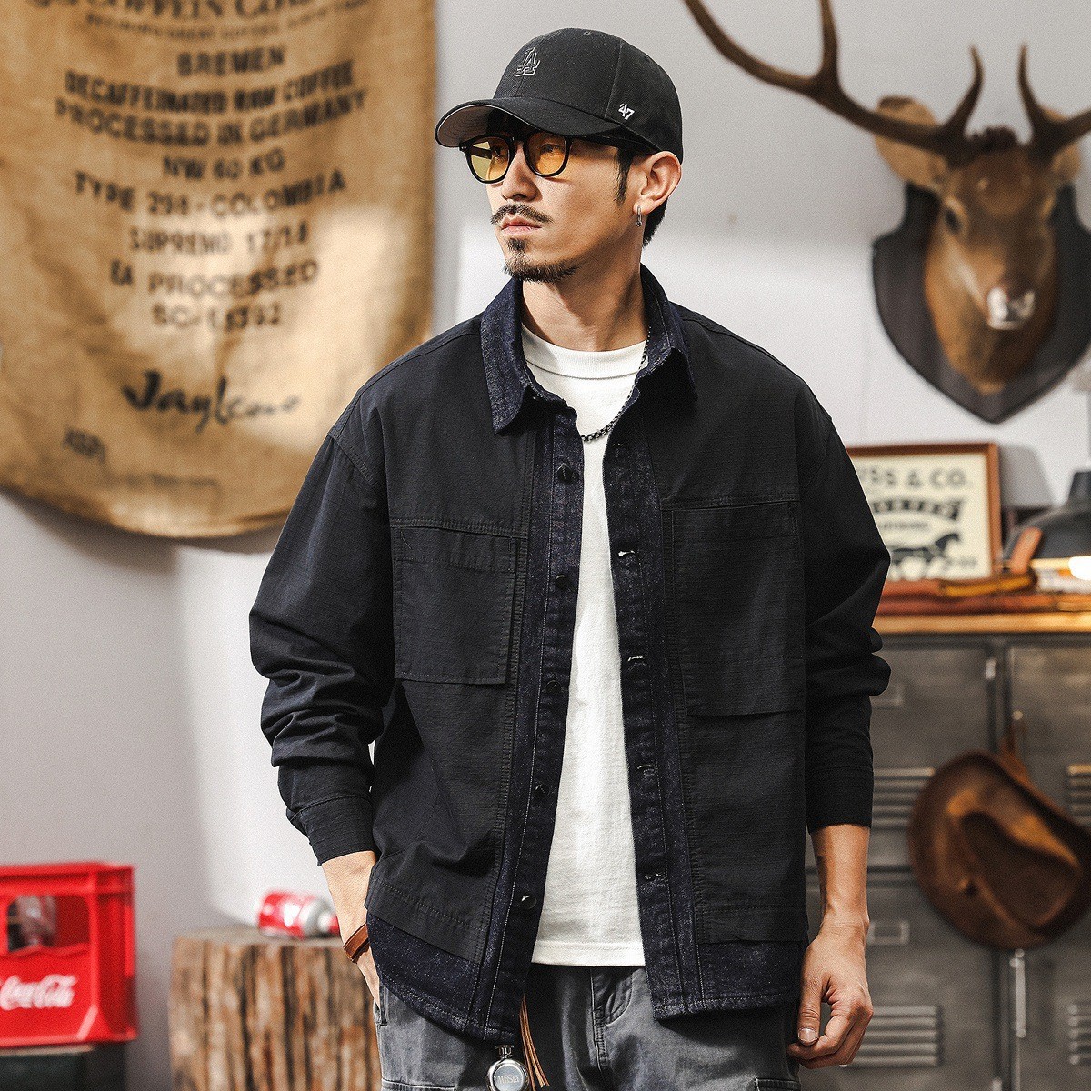 美式復古潮牌假兩件牛仔外套男秋季新款痞帥寬鬆工裝襯衣夾克男款