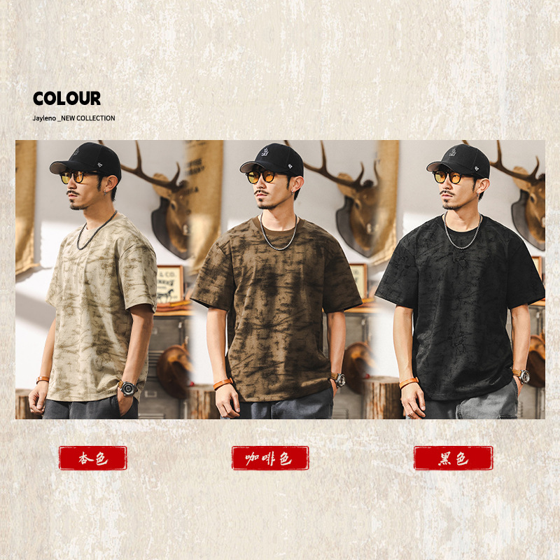 不規則植絨滿印T恤男夏季薄款短袖2025新款潮流美式復古體恤上衣T