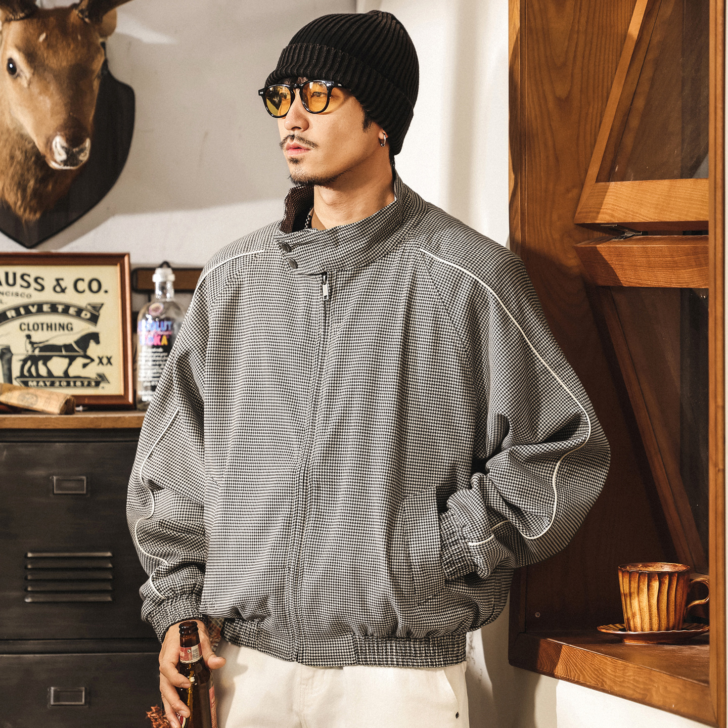 綿羊毛輕奢高端威爾士親王皇家千鳥格夾克男春秋潮牌雙扣短款外套