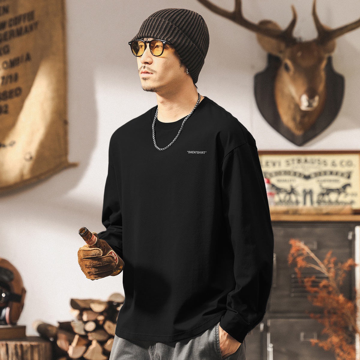 美式復古秋季長袖T恤男2025新款寬鬆男裝潮牌休閒男士透氣上衣潮T