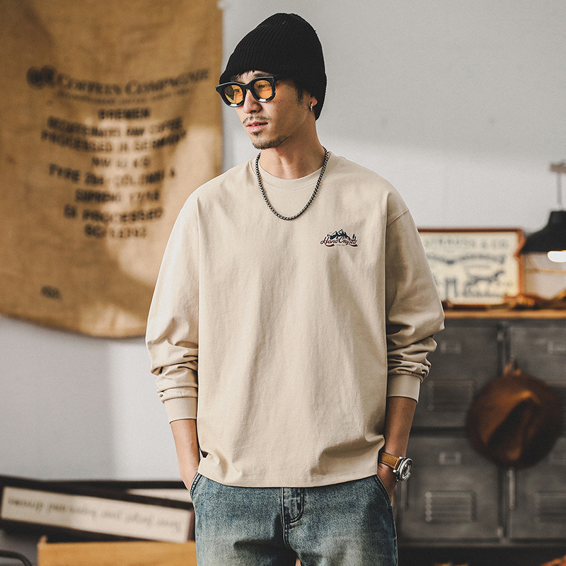 260g重磅双本针男士T恤长袖美式山系印花宽松上衣潮牌衣服男纯棉T