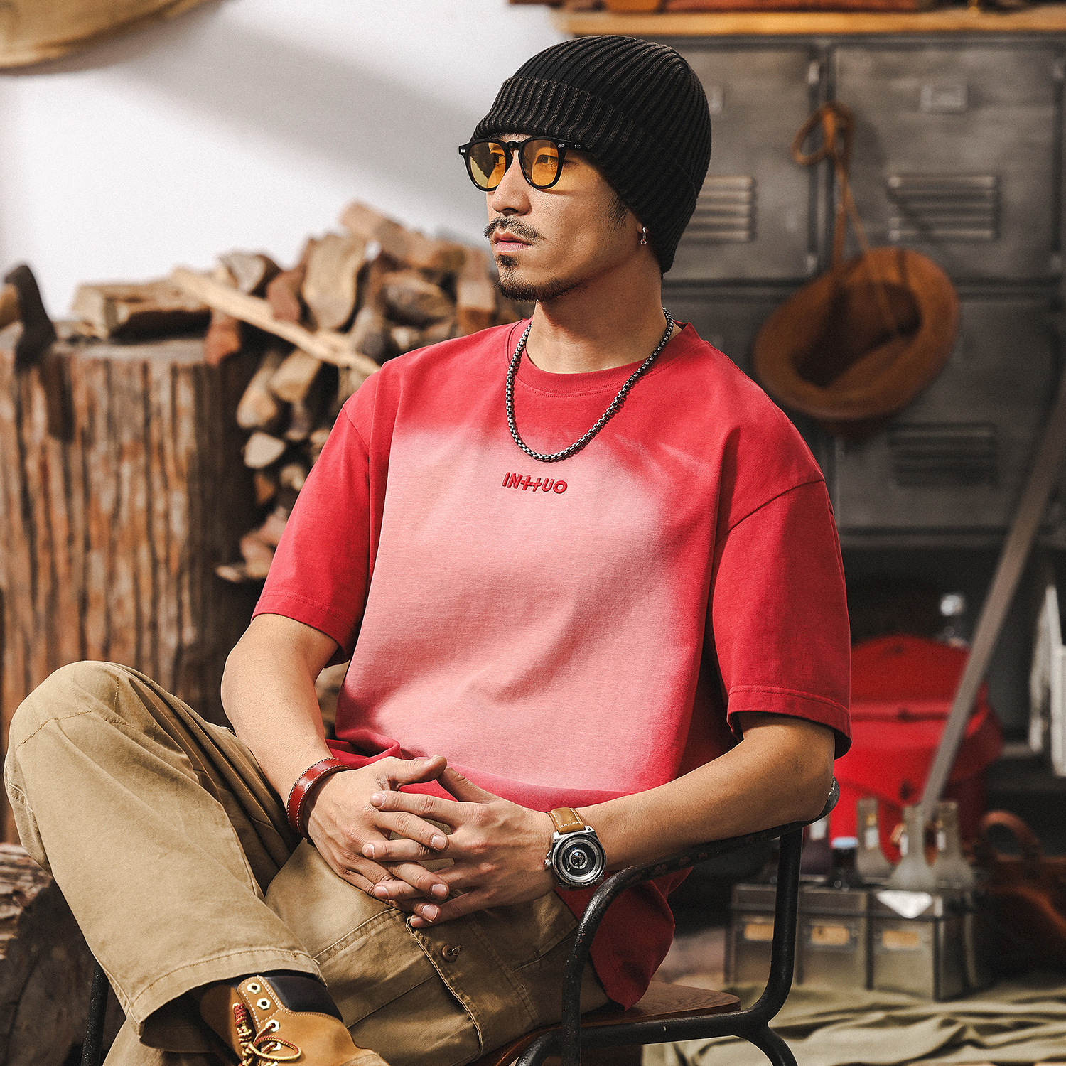 美式復古漸變水洗設計感短袖T恤男夏季時尚潮流寬鬆休閒男士上衣T