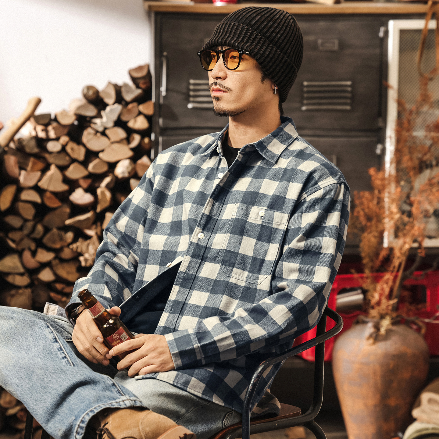 萊賽爾天絲靛藍洗褪格子襯衫男秋季美式潮牌新款寬鬆長袖襯衣外套