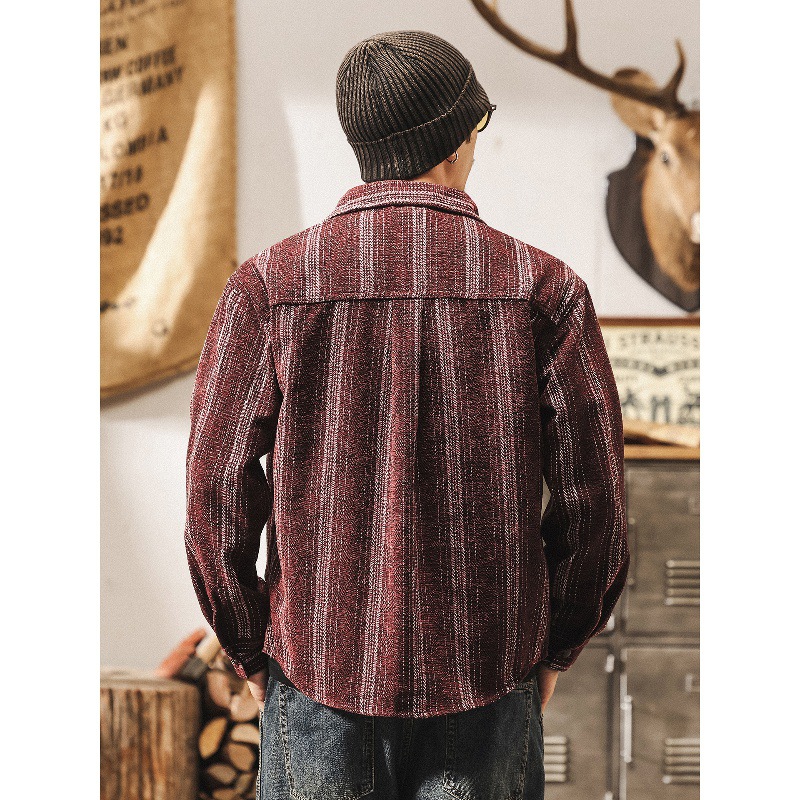 美式復古雪尼爾條紋提花襯衫外套男春秋新款寬鬆古着休閒長袖襯衣