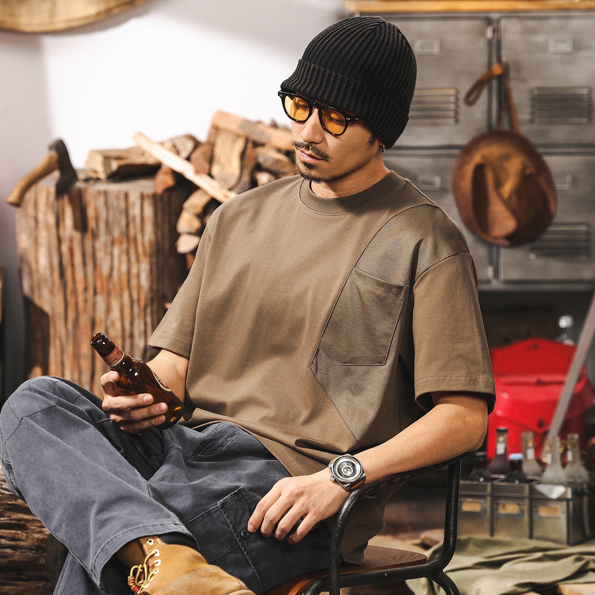 【7A抗菌除蟎】夏季涼感T恤男短袖寬鬆美式潮牌拼接設計男士上衣