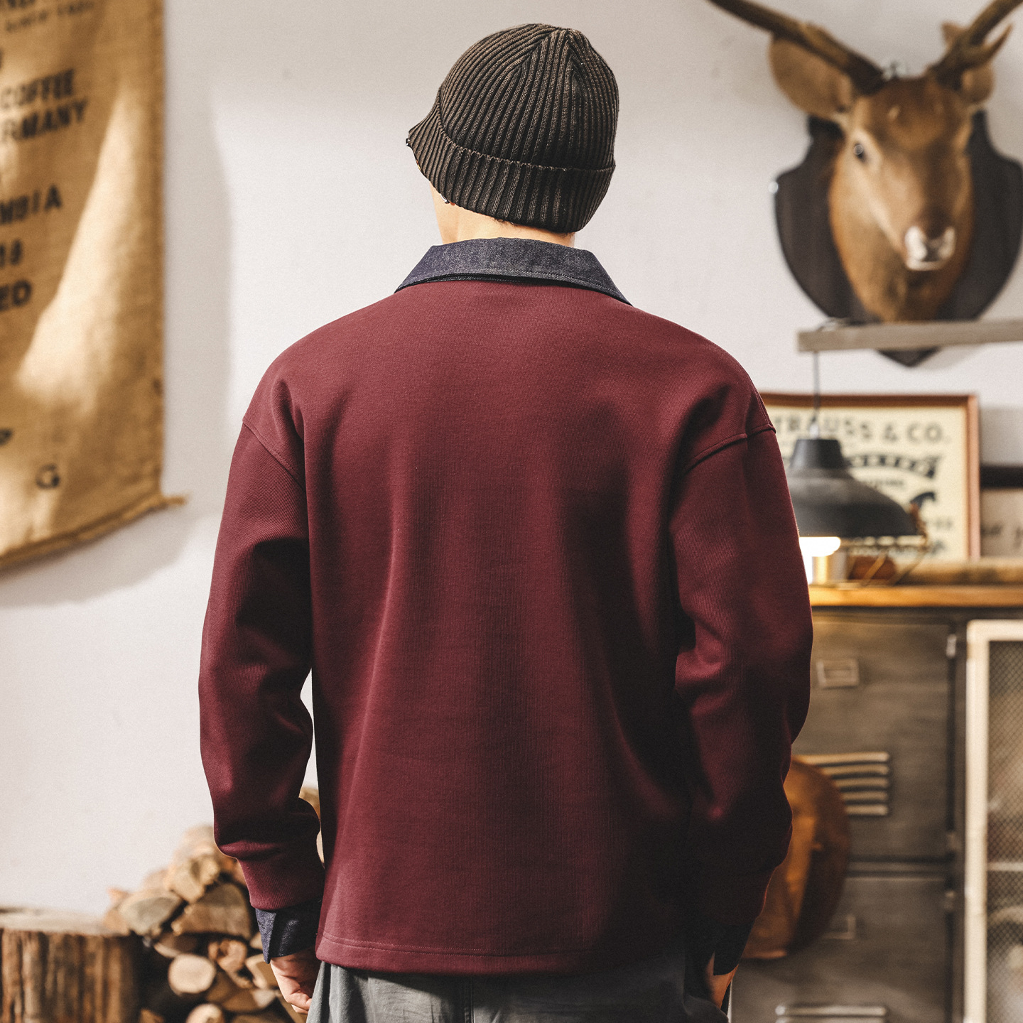 美式復古360g重磅衛衣男秋季新款高級感牛仔襯衫領潮牌假兩件上衣