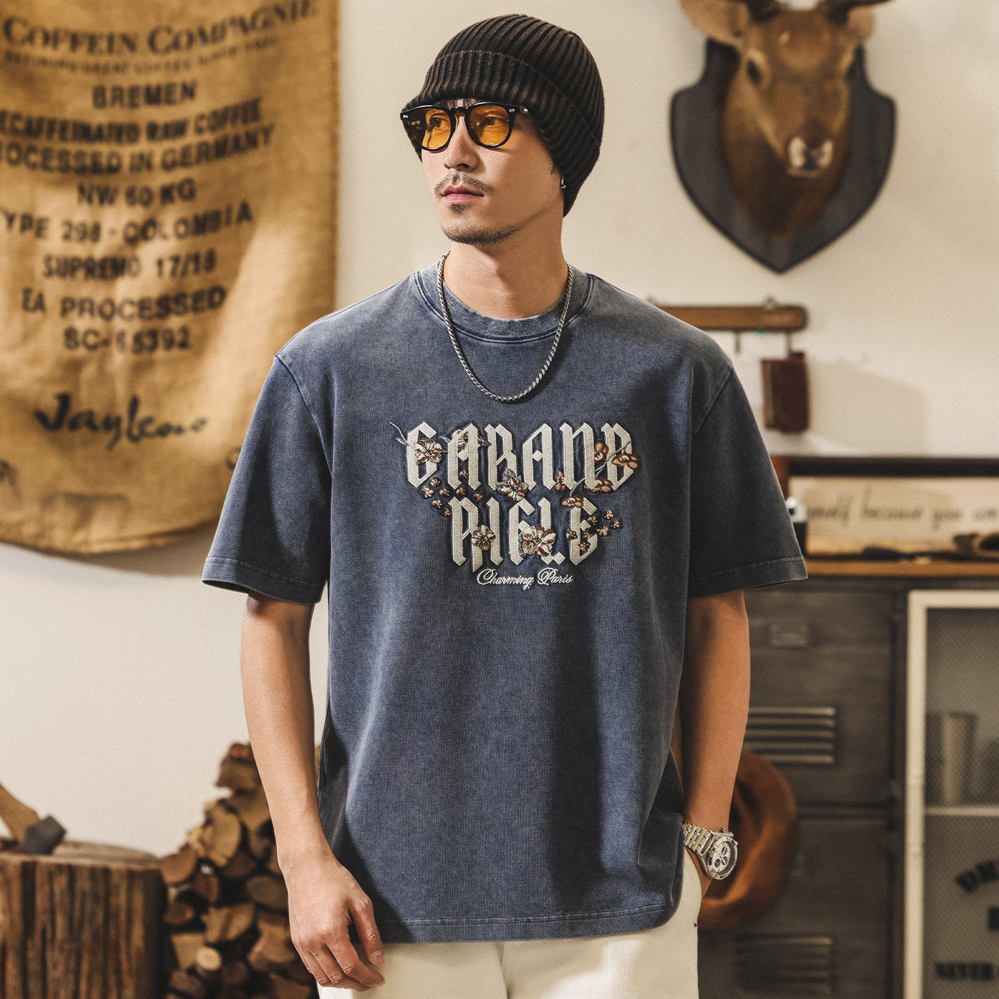 美式復古重工砂石水洗T恤男夏季2026新款潮牌刺繡短袖男寬鬆上衣