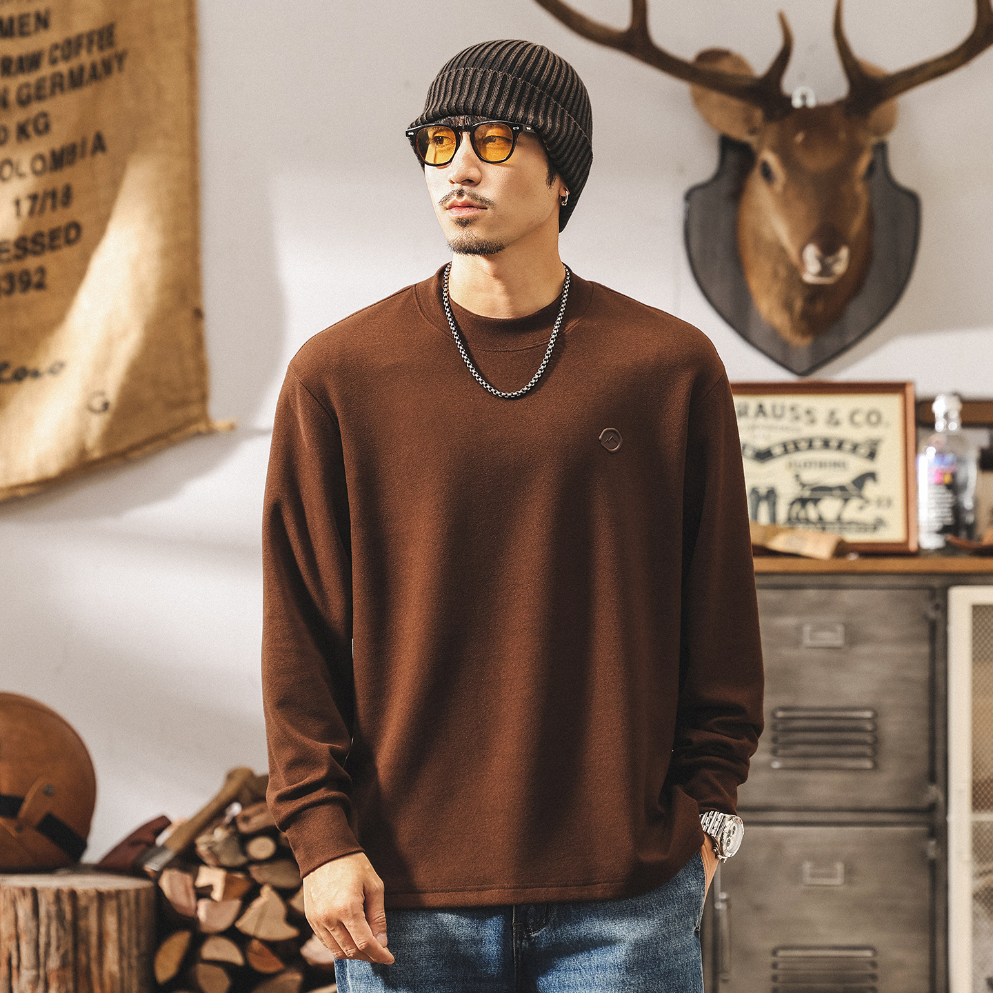 美式復古280g重磅t恤男長袖秋季新款寬鬆潮牌親膚保暖絨感打底衫