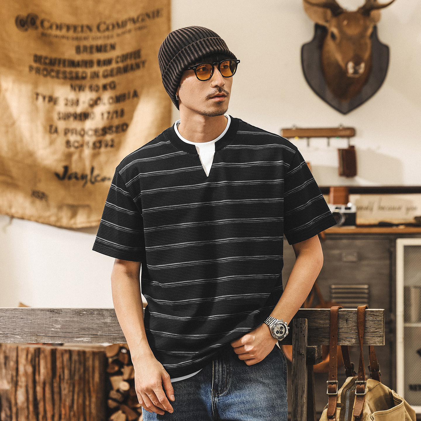 假兩件疊穿提花條紋男士短袖T恤夏季2026新款美式復古寬鬆上衣男