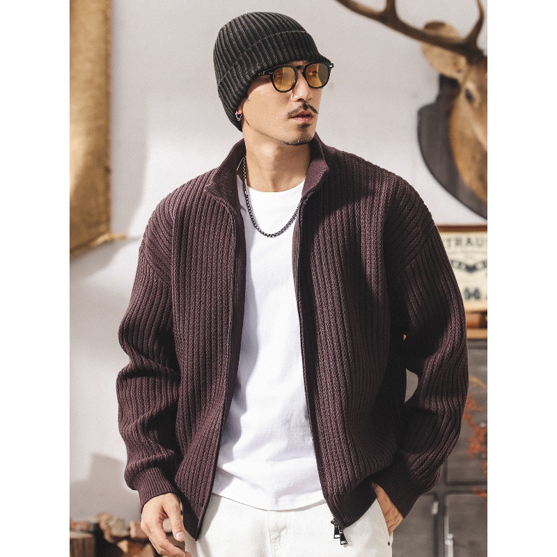 美式重磅復古紫色半高領開衫毛衣男秋冬潮牌寬鬆針織衫外套男春秋