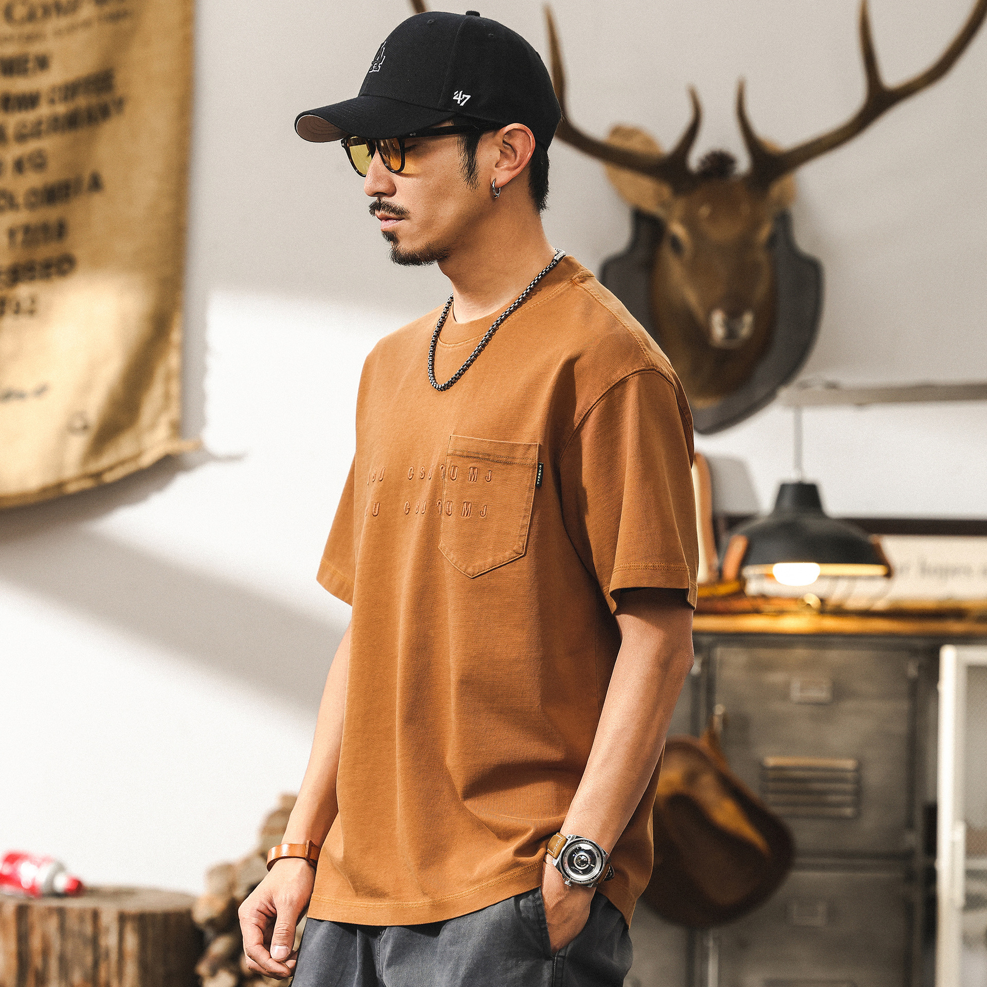 美式復古260g重磅寬鬆T恤男短袖夏季潮牌潮流立體刺繡上衣男