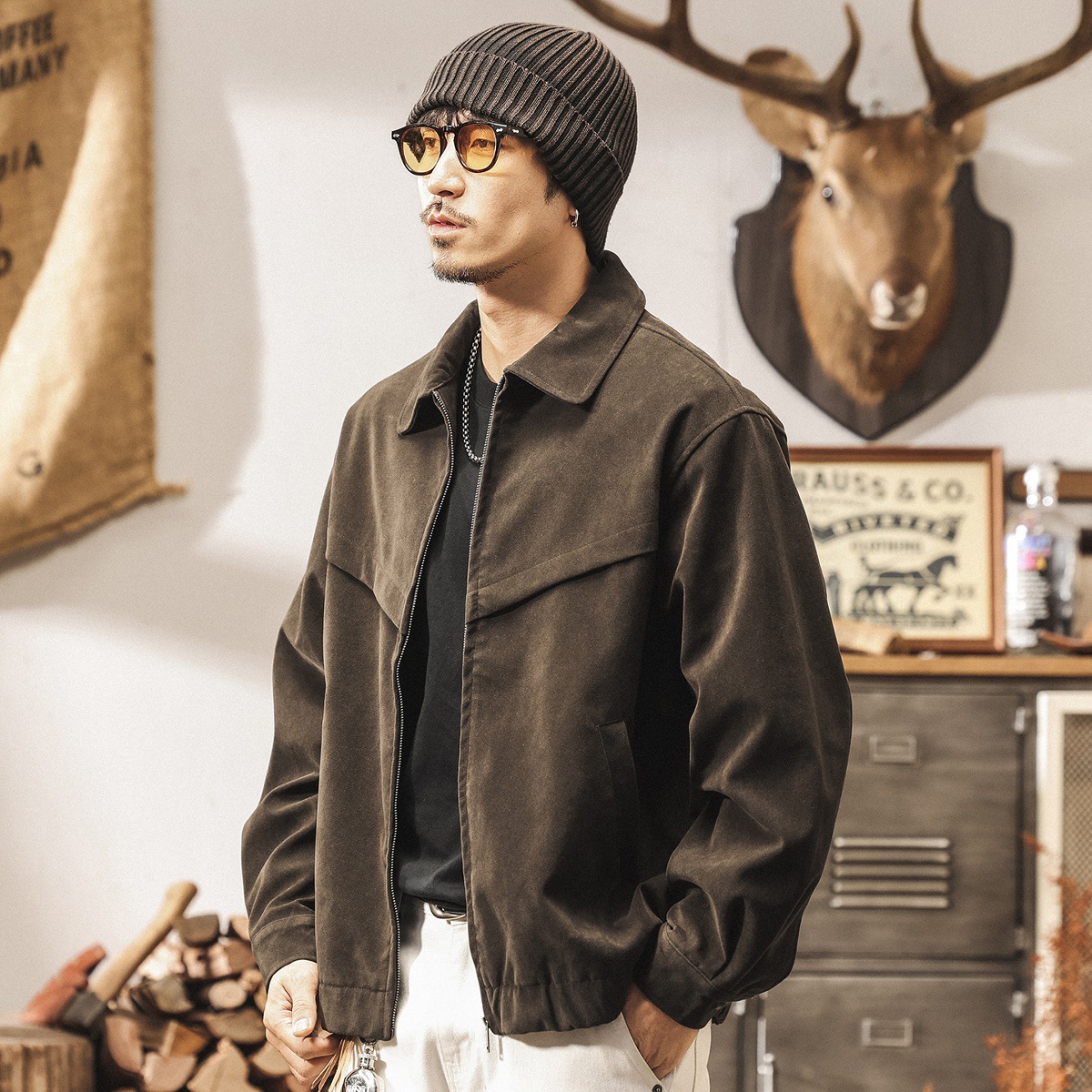 美拉德復古工裝外套男秋春2025新款潮牌潮流帥氣寬鬆反絨皮夾克男