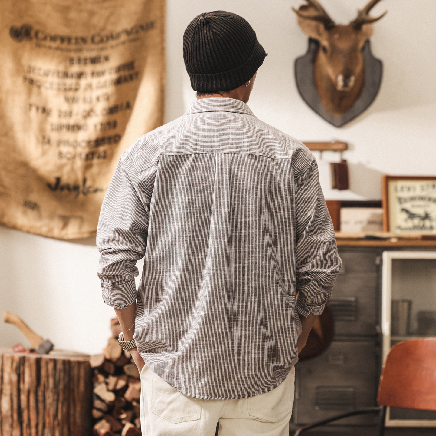 美式復古亞麻條紋長袖襯衫男春季2026新款通勤竹節紋休閒襯衣外套