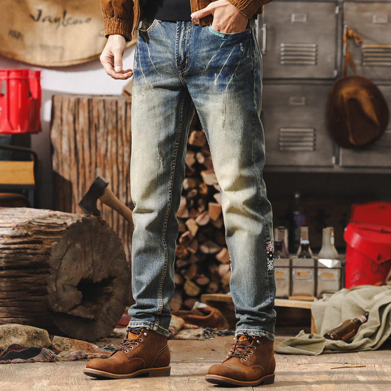 美式復古硬漢西部牛仔褲男秋季新款直筒機車痞帥硬朗男士休閒褲潮