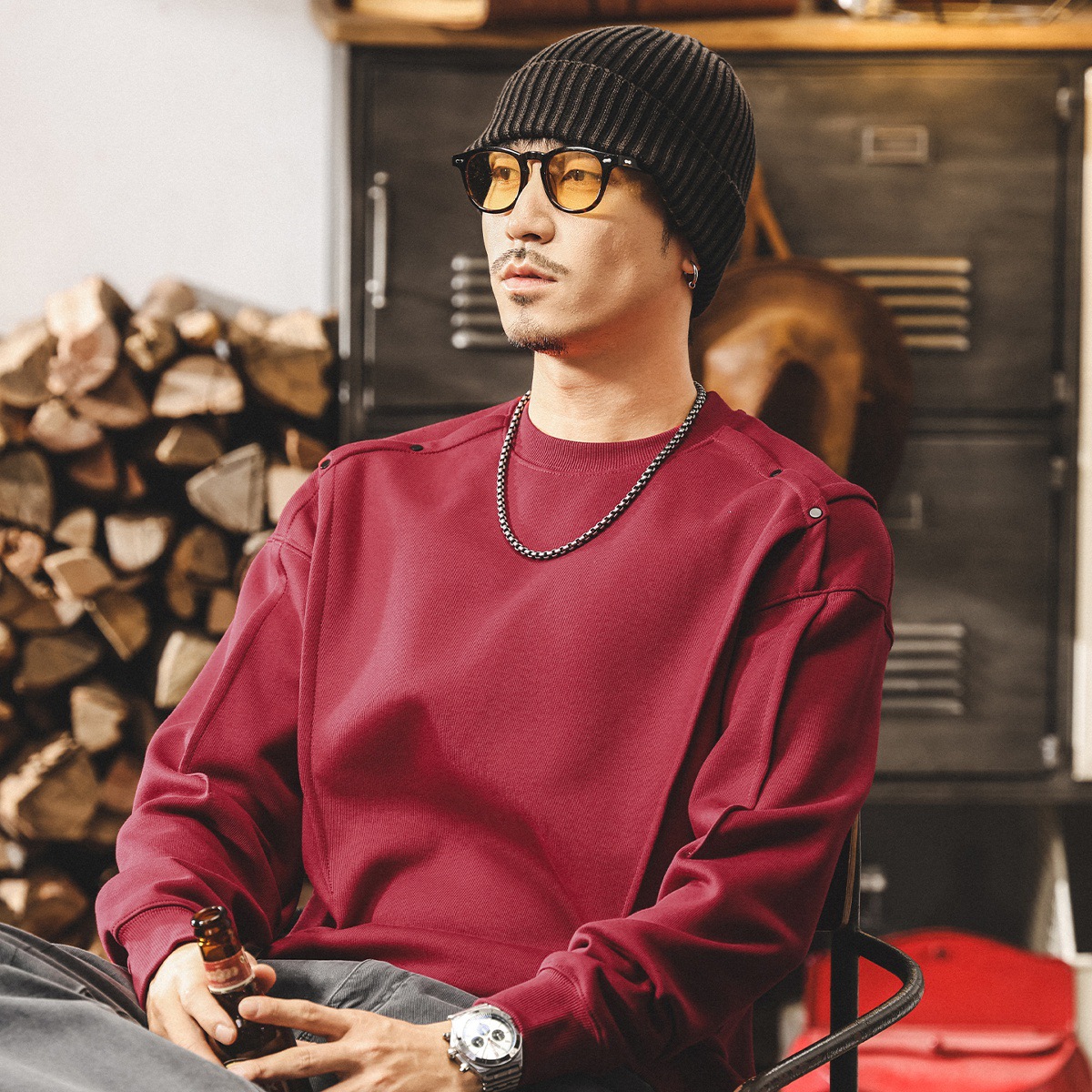 美式復古拼接結構360g重磅衛衣男春秋新款廓形寬鬆休閒長袖上衣男