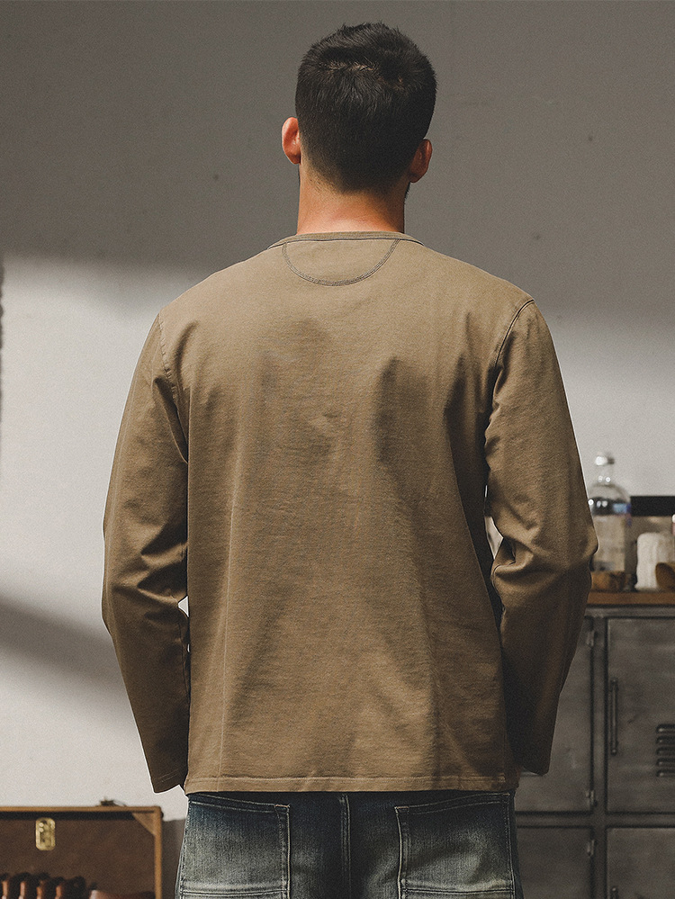 美式重磅復古長袖T恤男春秋款2024年新款潮牌水洗做舊硬漢亨利杉