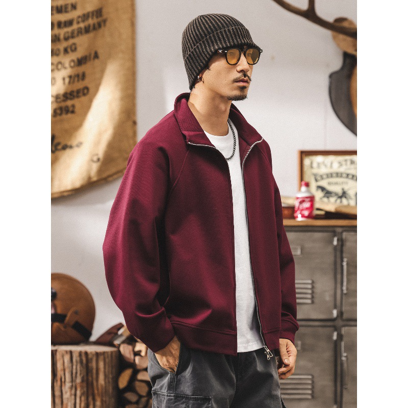 美式復古雙拉鍊開衫外套男春秋新款潮牌寬鬆大碼重磅紅色男士衛衣