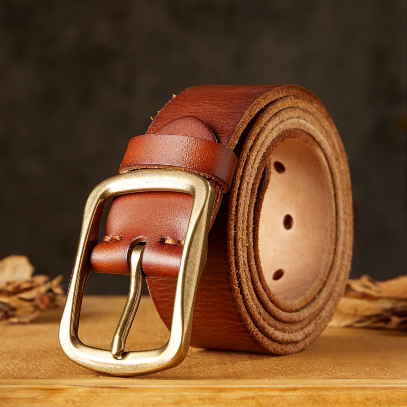 手工復古針扣皮帶男士真皮休閒百搭中青年頭層牛皮銅扣牛仔褲腰帶