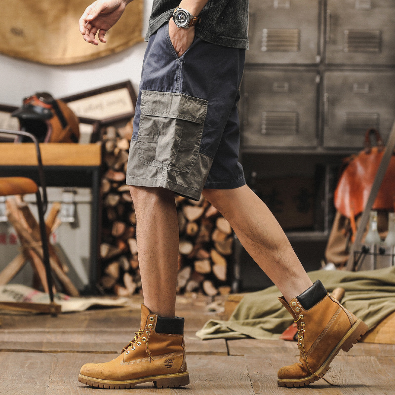 傑雷諾美式潮牌復古拼接撞色工裝短褲男夏季寬松休閑男士運動中褲