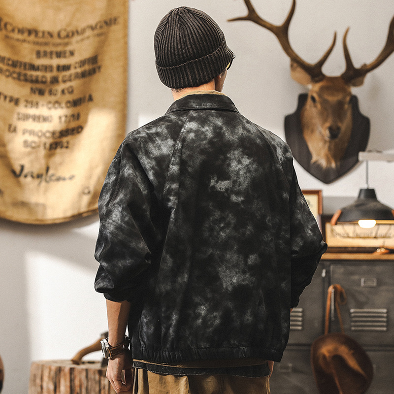 美式復古重磅水洗棉工裝外套男秋季寬鬆潮流扎染高街痞帥休閒夾克