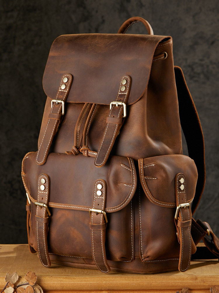 手工復古牛皮雙肩包男背包個性潮牌真皮男士學生潮流旅行休閒書包