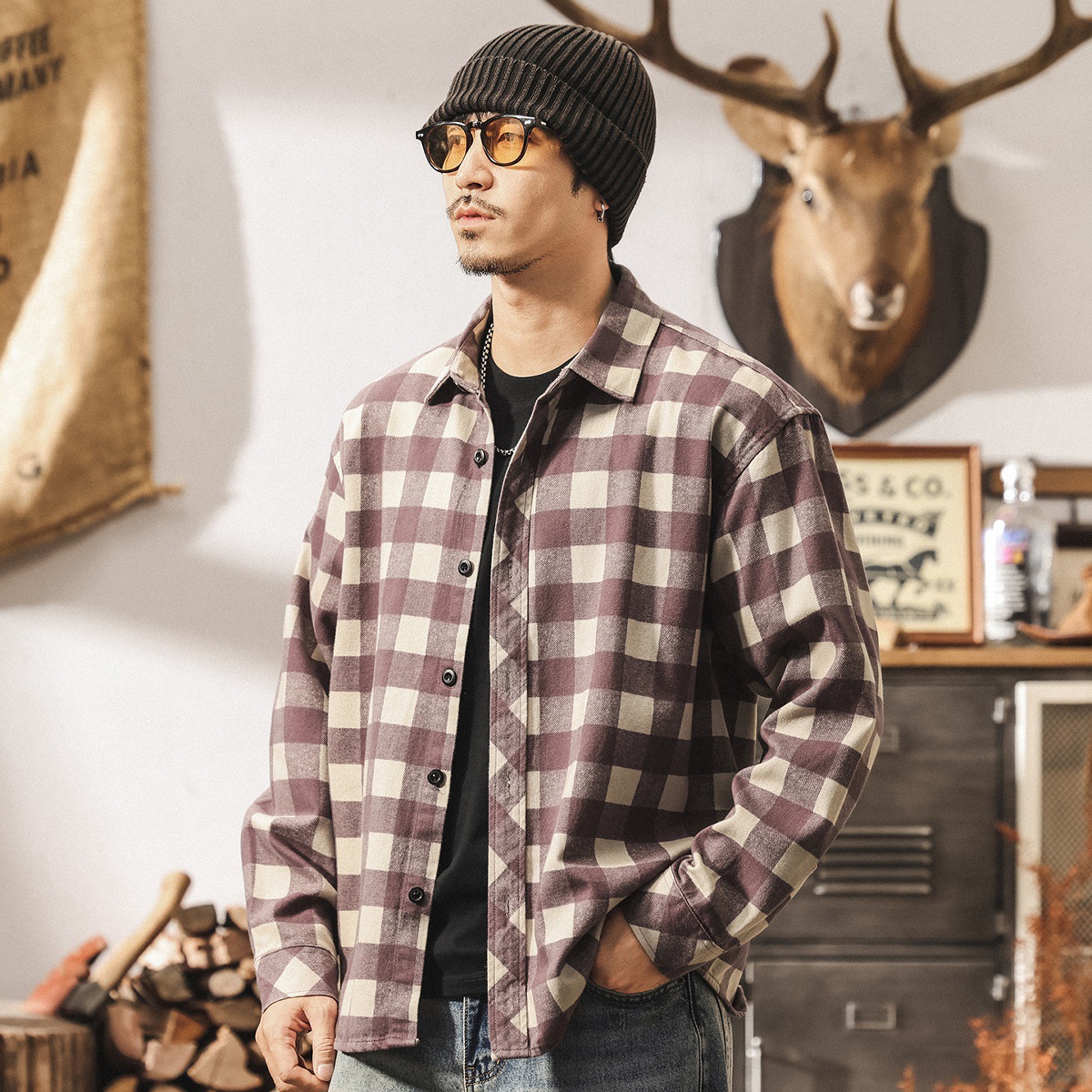 美式復古斜紋萊賽爾格子長袖襯衫男春秋新款寬鬆潮流紫色襯衣外套