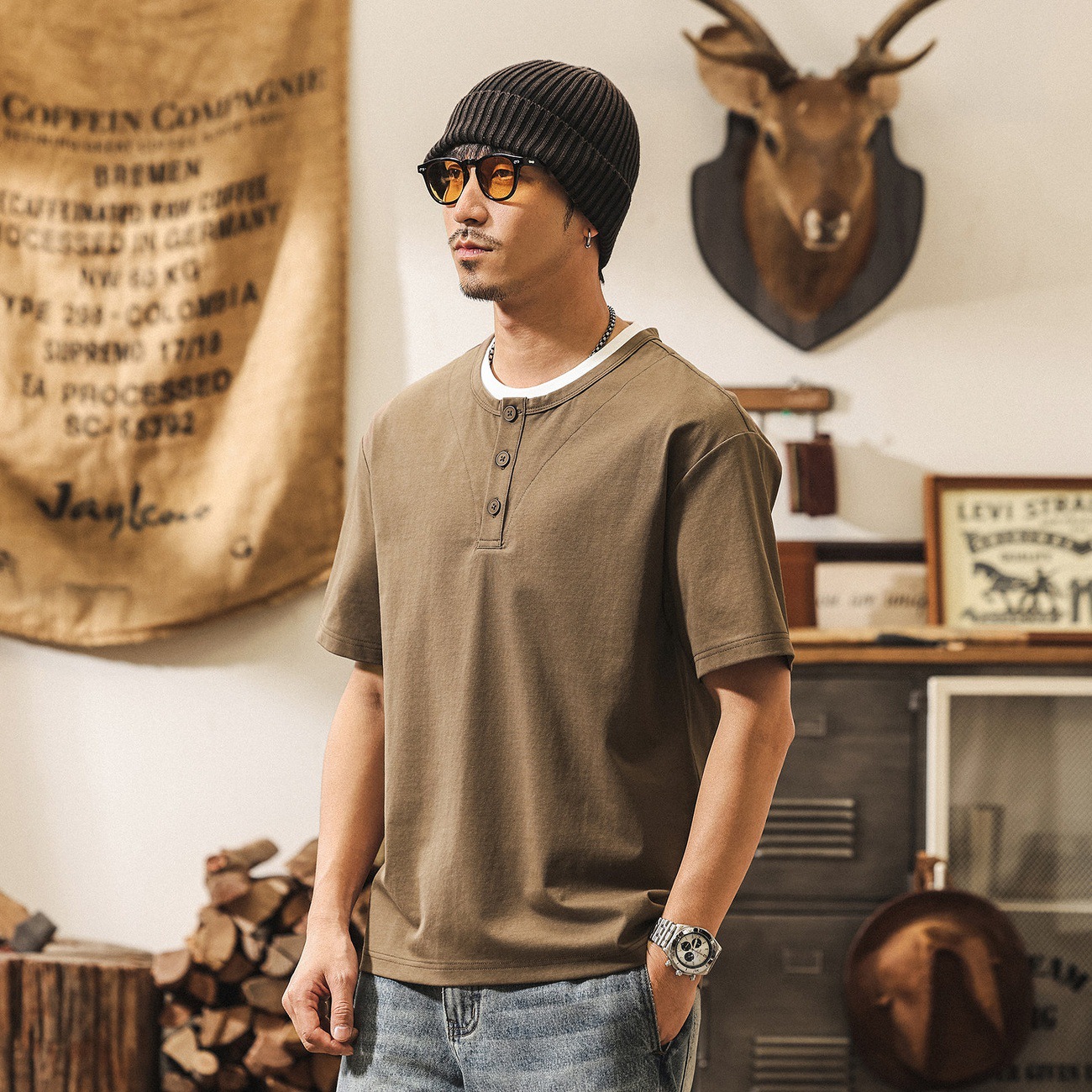 美式復古假兩件涼感T恤男士短袖夏季寬鬆紫色潮流亨利領Polo衫男