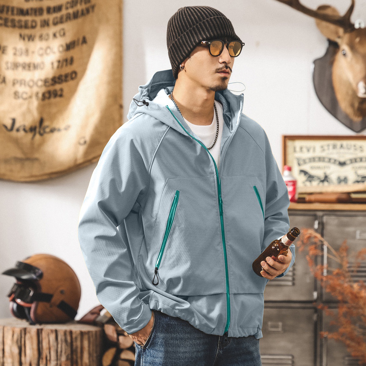 美式山系戶外壓膠衝鋒衣外套男春秋新款防風鎖溫方格登山工裝夾克