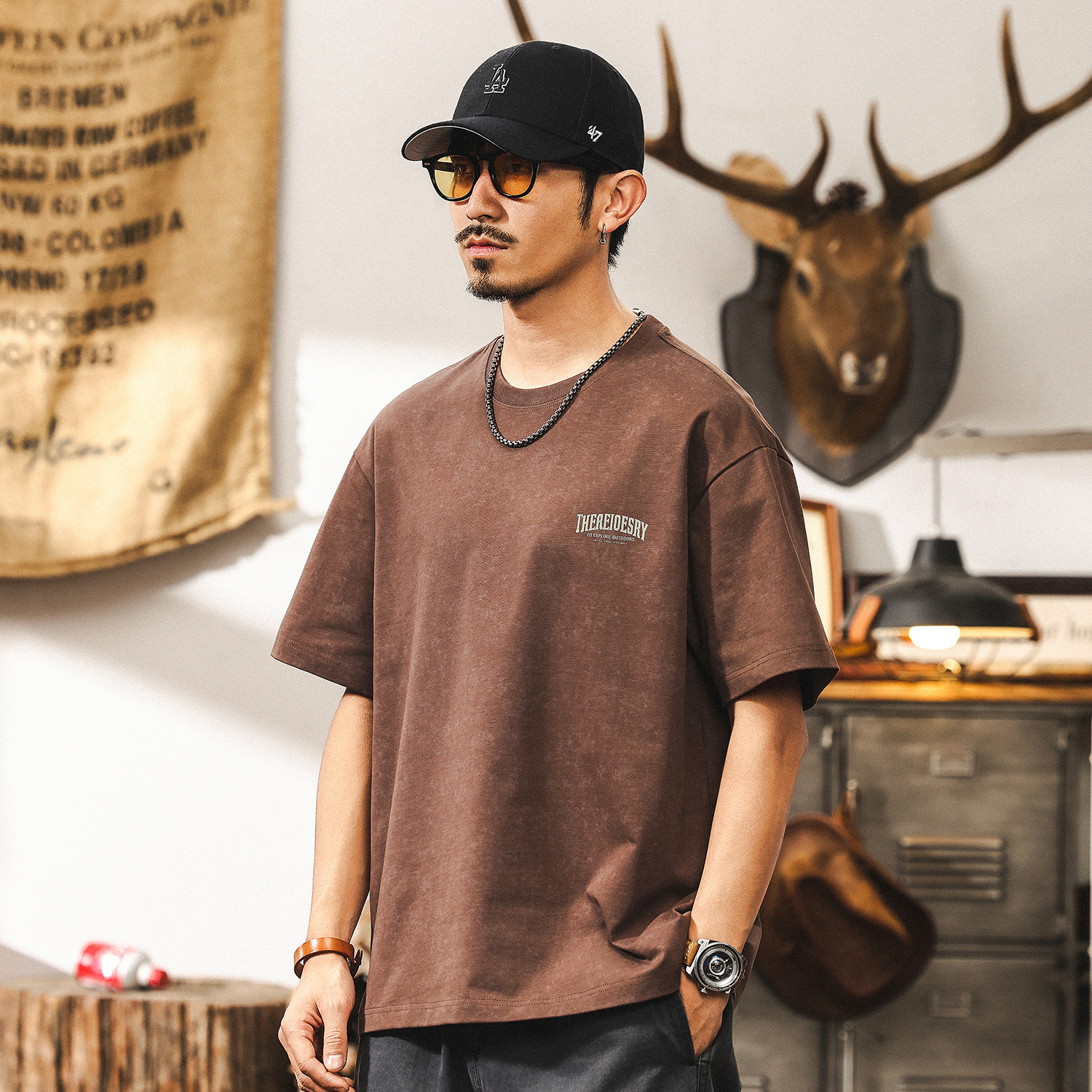 300g重磅蠟染水洗T恤男夏季短袖潮牌復古寬鬆戶外印花上衣男