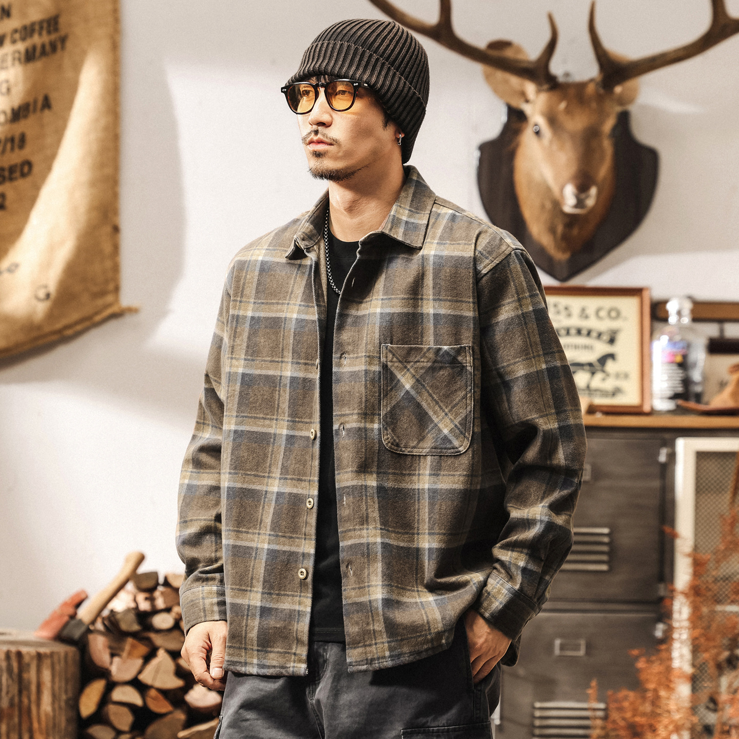 萊賽爾天絲格子襯衫男春秋2025新款美式復古寬鬆休閒長袖襯衣外套