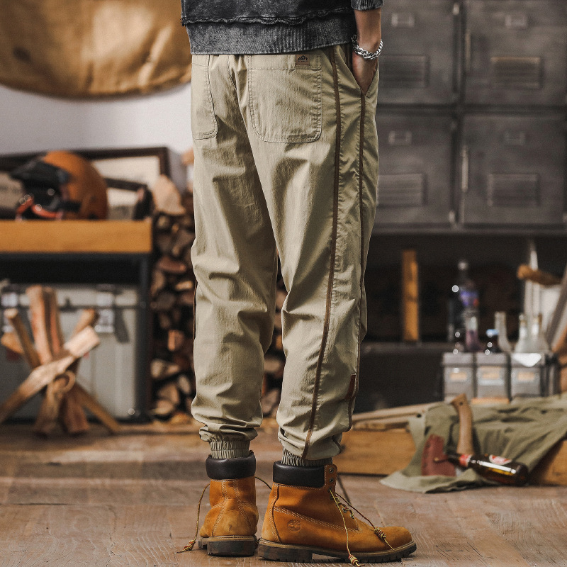 卡其色薄款夏季褲子男2024新款寬鬆束腳褲潮牌撞色設計男士休閒褲