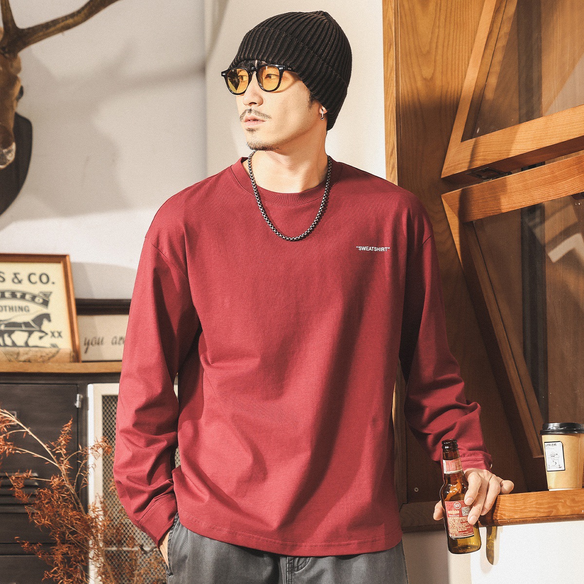 美式復古秋季長袖T恤男2025新款寬鬆男裝潮牌休閒男士透氣上衣潮T