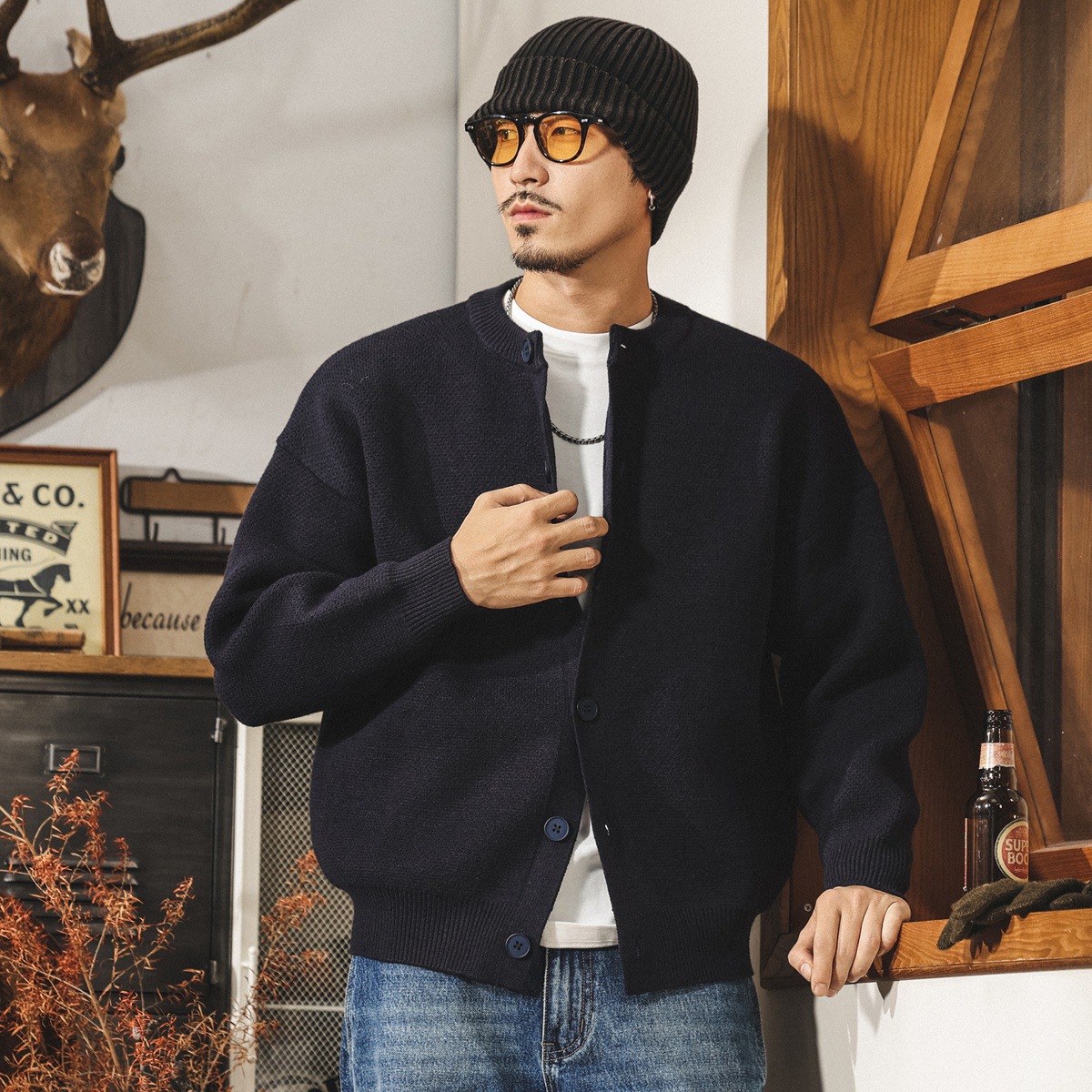 美式復古加厚開衫毛衣男款冬季保暖毛線衣男士寬鬆潮牌針織衫外套