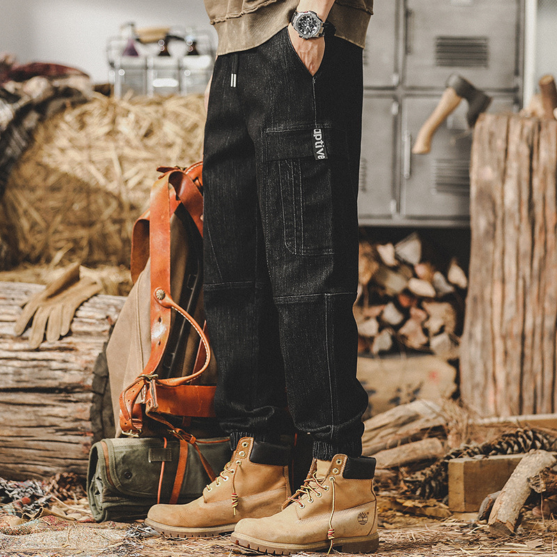 美式重磅復古工裝褲子男寬鬆潮牌潮流牛仔褲男春秋季束腳哈倫褲男